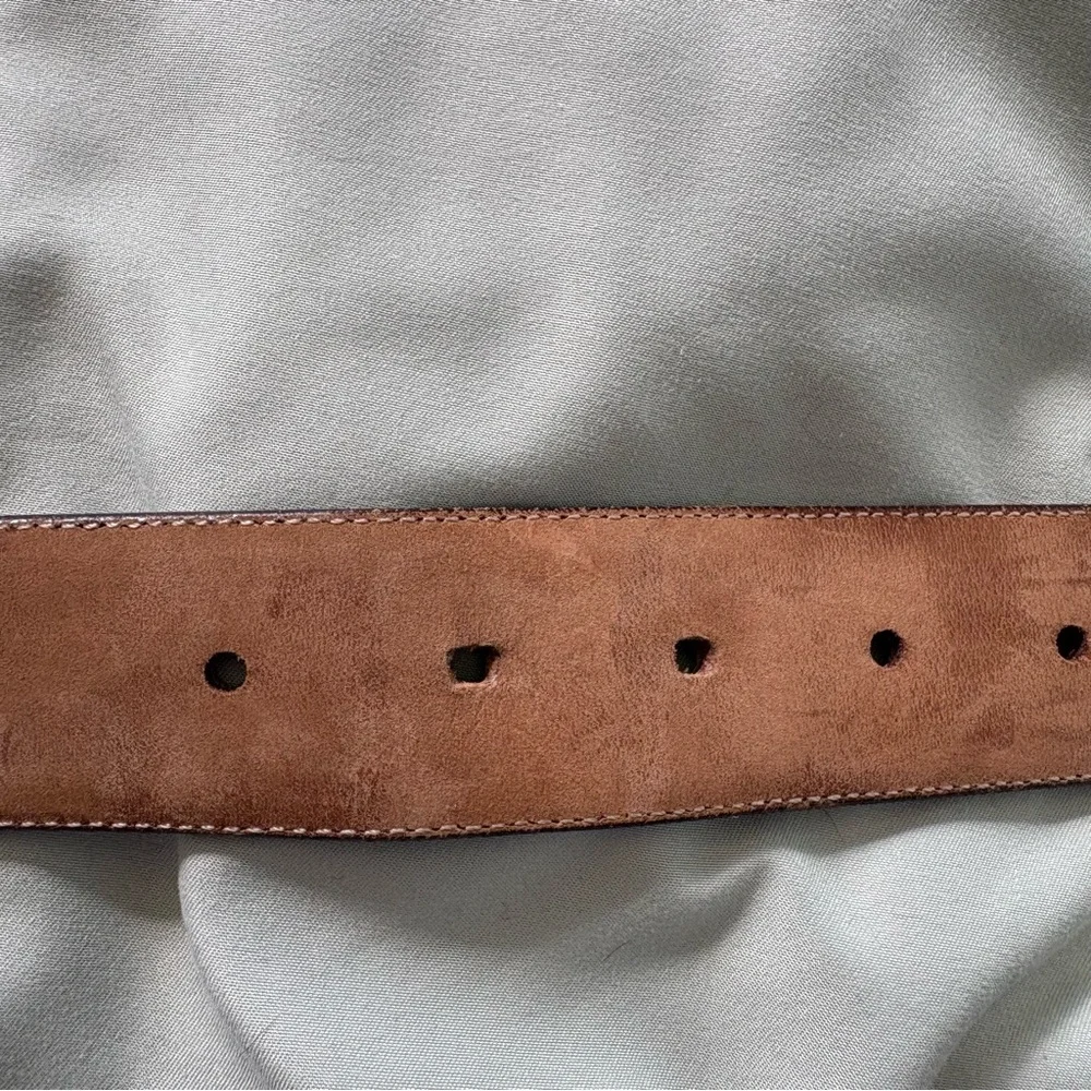 Mezlan Brown Leather Belt Brogue Perforated Patina Silver Buckle Spain